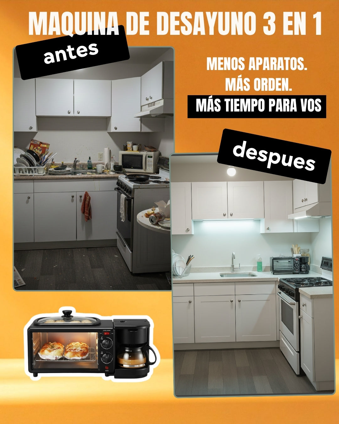 Máquina de desayuno compacta con horno y cafetera eléctrica